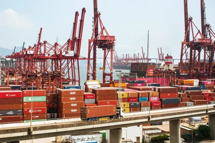 Shipping containers and gantry cranes at a Hong Kong port